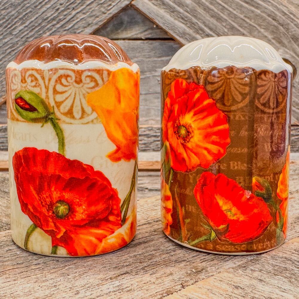 Retro Poppy Themed Ceramic Salt and Pepper Shaker Set, 3”H x 2”W - Picture 2 of 6